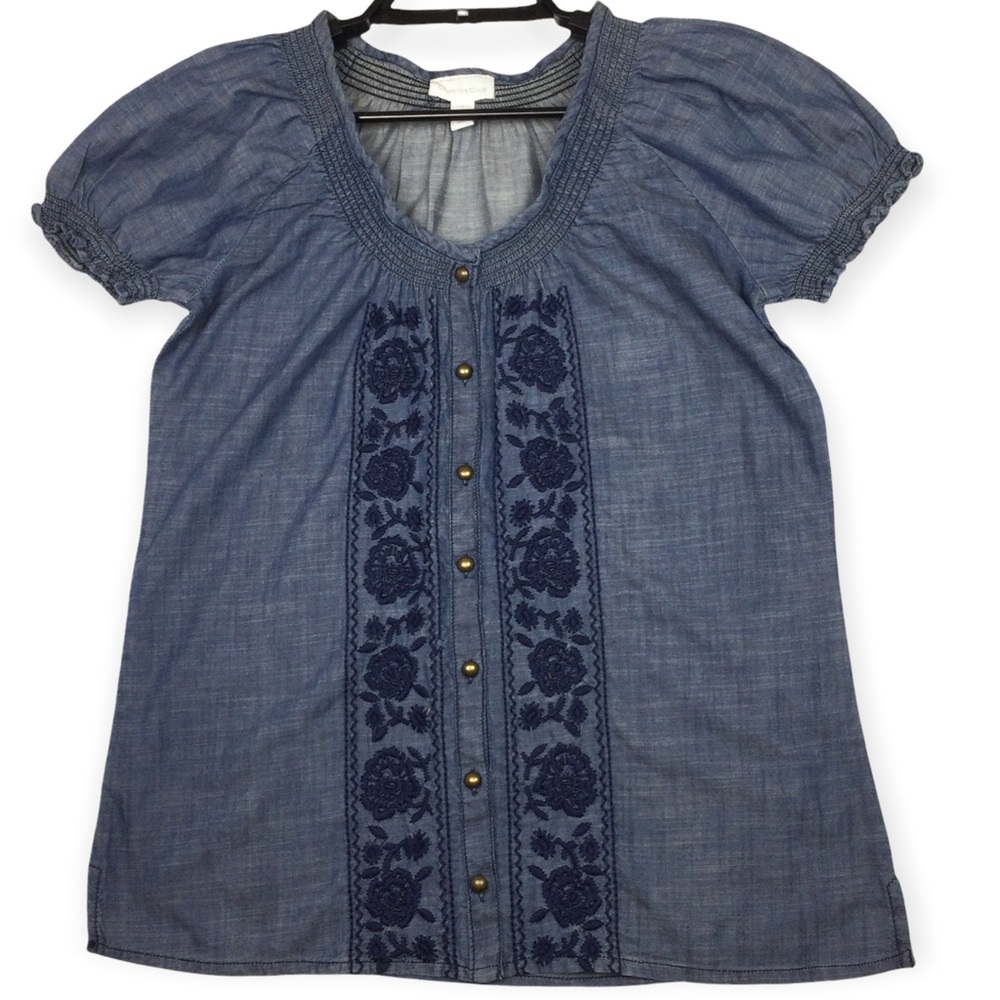 Charter Club Button Up Tunic Shirt Embroidered Flowers Ruffled Blue Women's 4